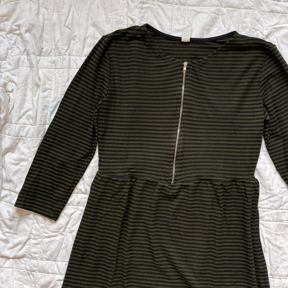 Olive green black Striped midi dress zipper‎ front sz s fairy grunge whimsigoth